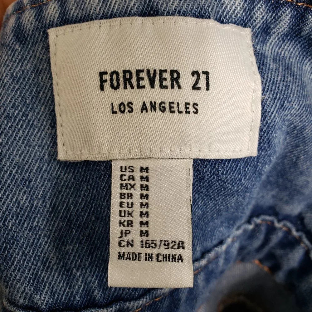 F21 Distressed Denim Overall Jumper Dress Pockets Light Blue MIni Size M - Picture 8 of 12